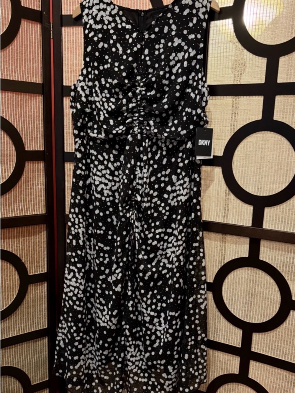 DKNY Black and White Polka Dot Sleeveless Dress with front ruching.